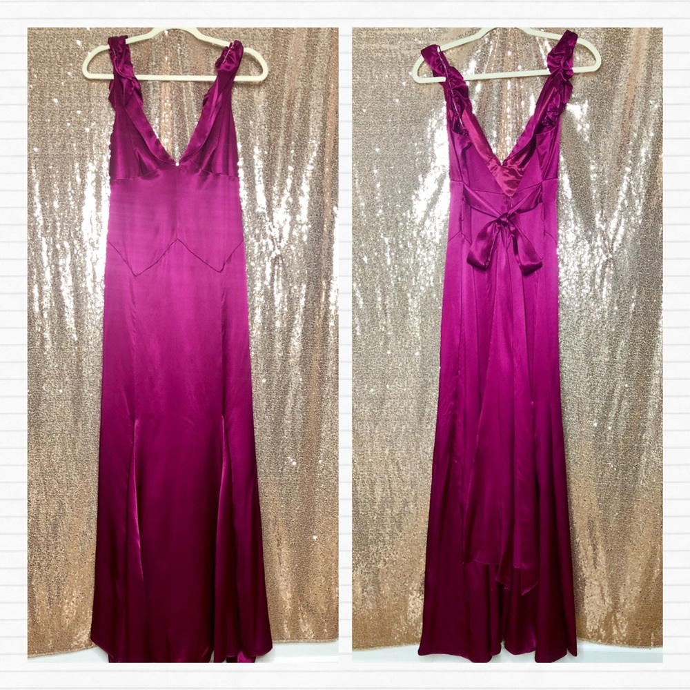 🏷SOLD Magenta Pink Ruffle Silk Gown Floor Dress - Picture 5 of 9